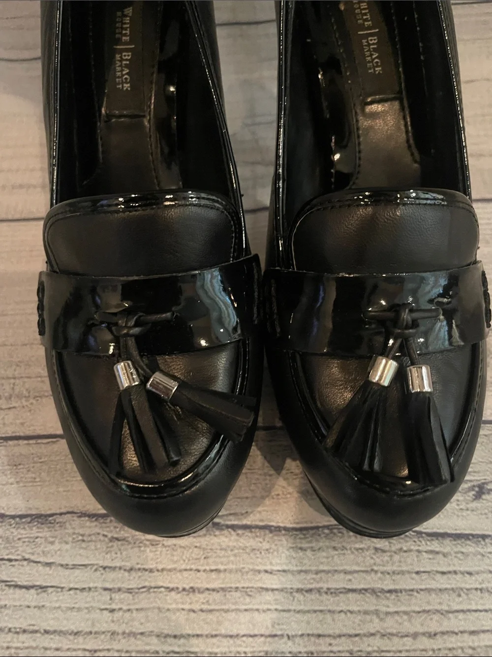 White House Black Market Black Patent Tassel Platform Loafers